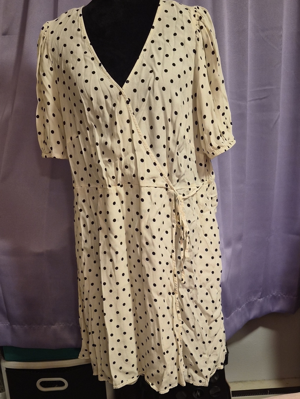 Polka Dot Wrap Midi Dress w/Pockets- Cream with Black Dots